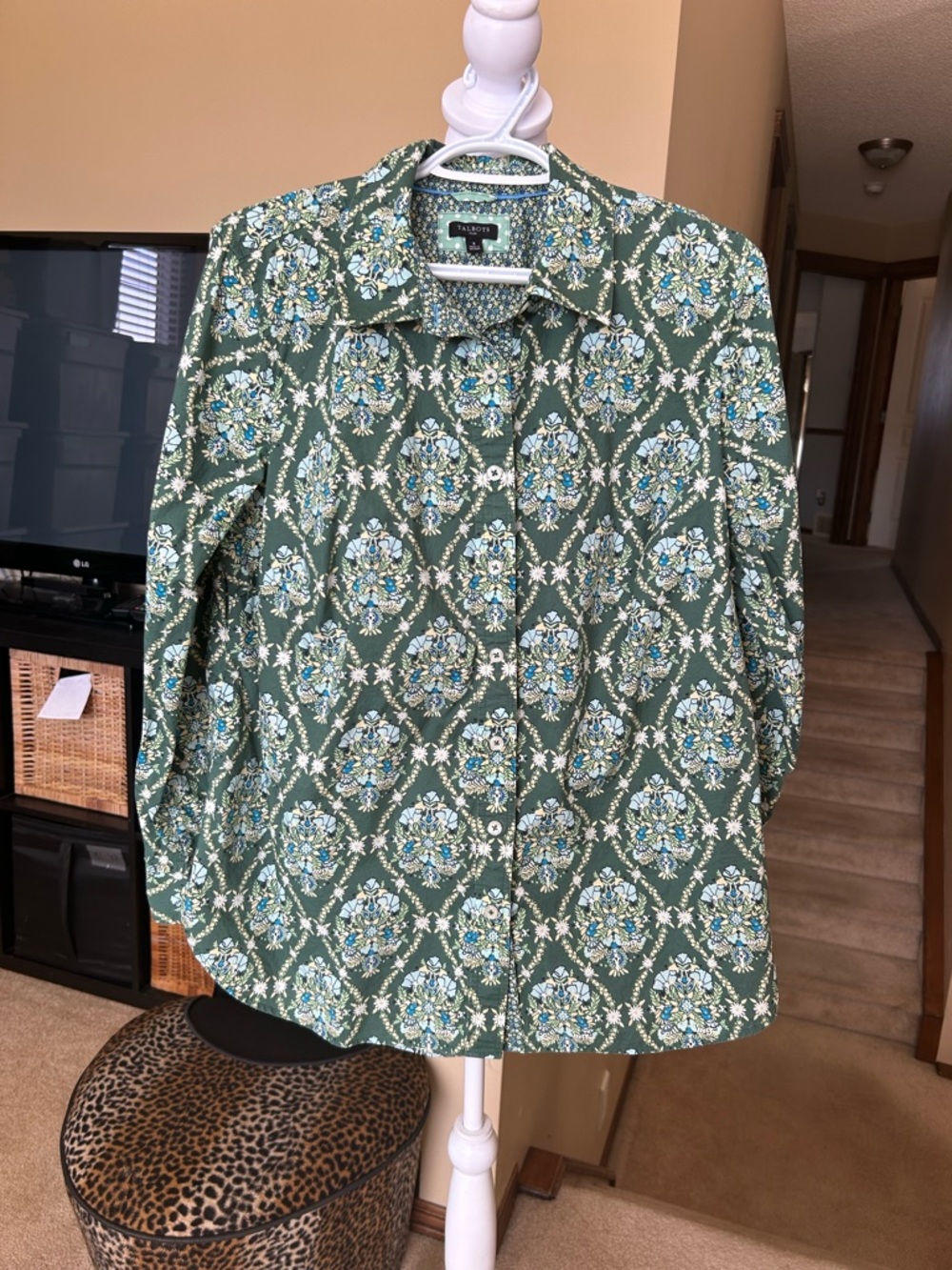Talbots Green Modern Classic Button-Down Shirt Long Sleeve Spring Trellis Patern